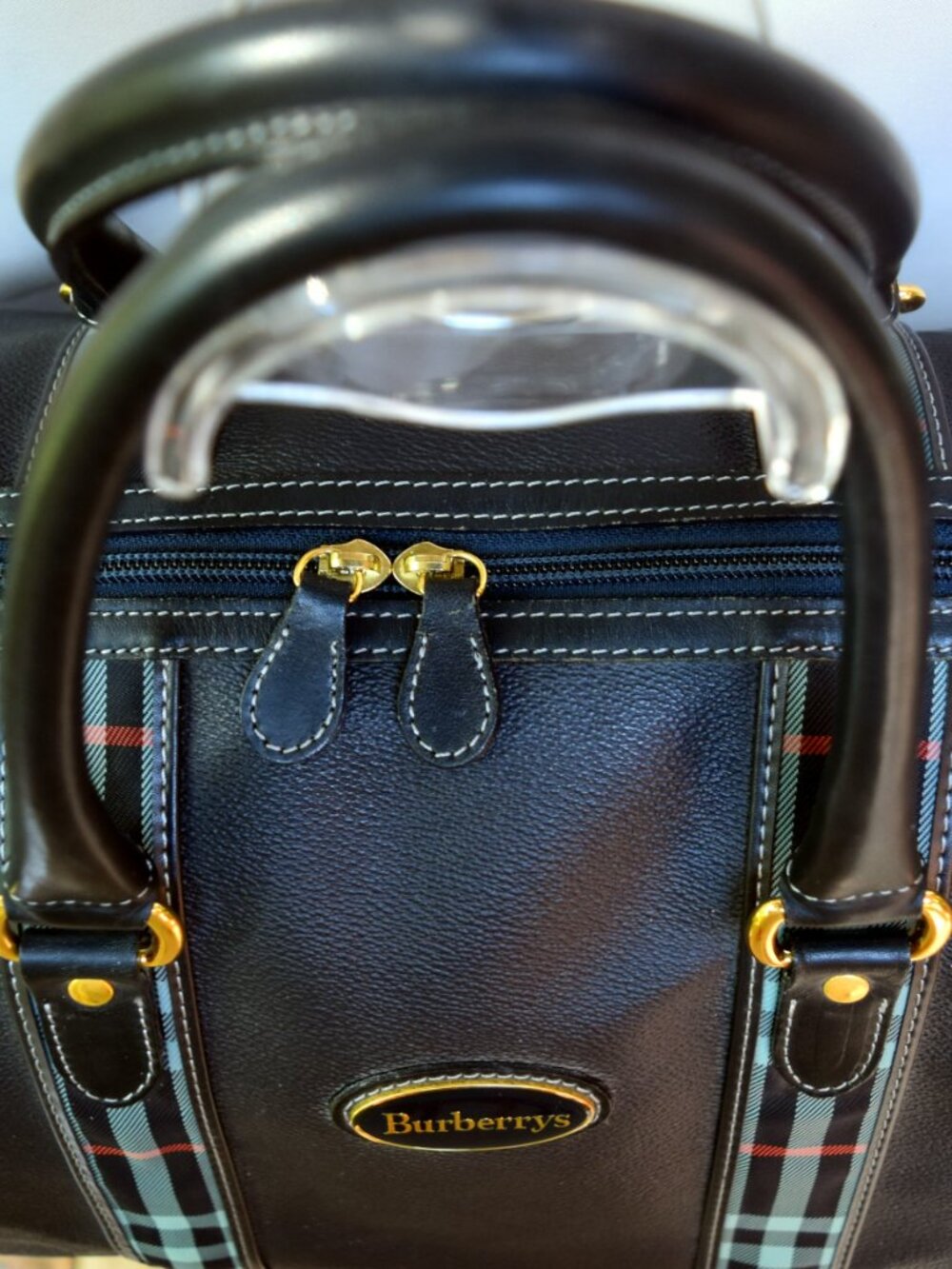 Vintage Burberrys Midnight Navy Leather Boston Duffel Travel Bag - Picture 10 of 13